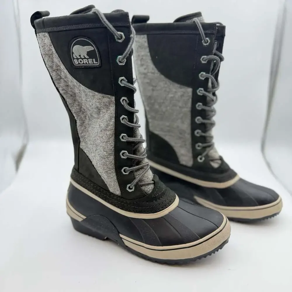 Sorel Sorelli Tall Waterproof Lace-Up Winter Boots in Black and Grey Felt